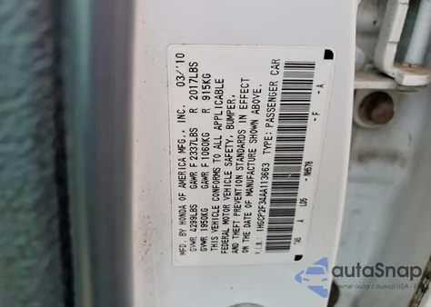 2010 Honda Accord Lx from USA, damaged, VIN 1HGCP2F34AA113663